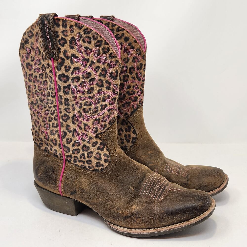 Ariat Legend Cheetah Pink Brown Distressed Leather Western Boots Girls Size 5.5
